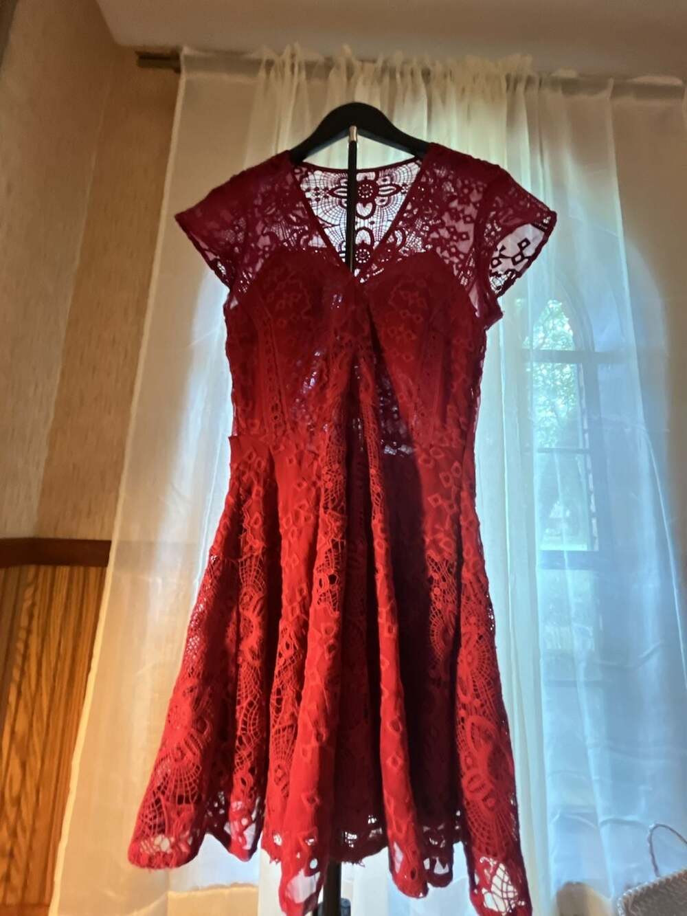 Cap Sleeve Lace Fit & Flare Red Dress